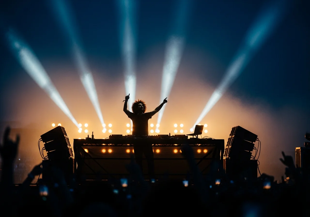 Silhouette von DJ Bonzay auf einer großen Open-Air-Bühne, backlit durch warmes Goldlicht
