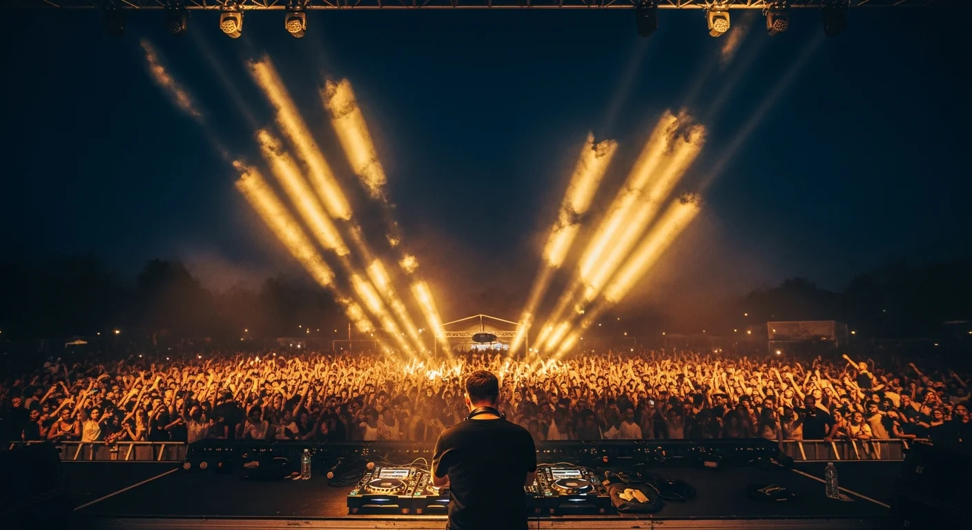 DJ Bonzay live auf der Bühne mit jubelndem Publikum im warmen Goldlicht